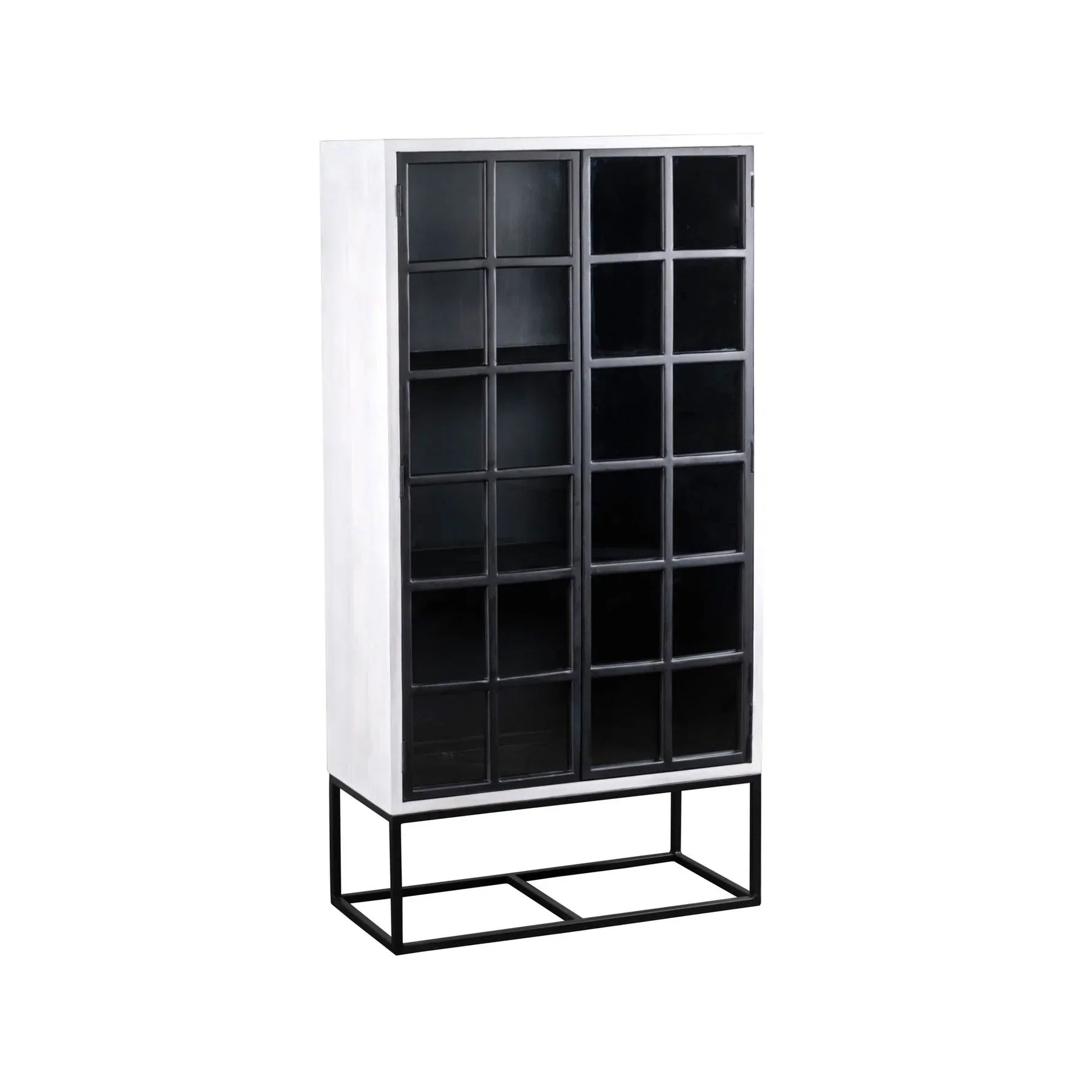 Three-quarter perspective view of the Caged tall cabinet featuring a sleek white exterior black metal-framed glass doors and a minimalist black metal base
