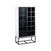 Three-quarter perspective view of the Caged tall cabinet featuring a sleek white exterior black metal-framed glass doors and a minimalist black metal base