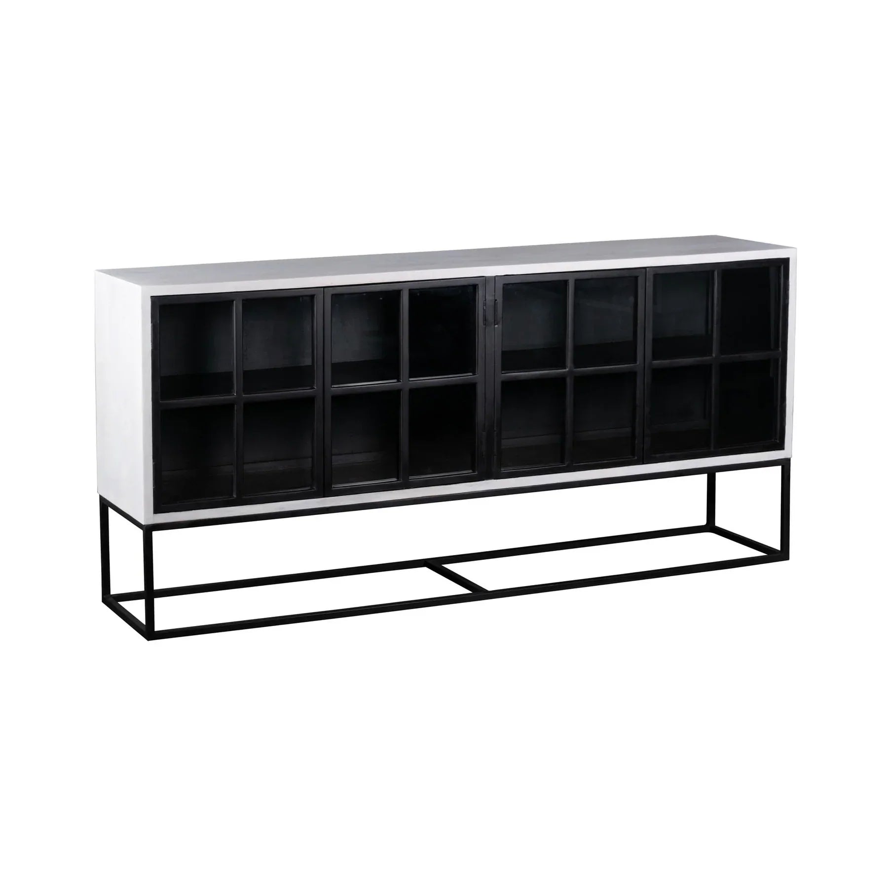Three-quarter perspective view of the Caged sideboard featuring a sleek white frame, black metal-framed glass doors, and a minimalist black metal base