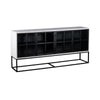Three-quarter perspective view of the Caged sideboard featuring a sleek white frame, black metal-framed glass doors, and a minimalist black metal base