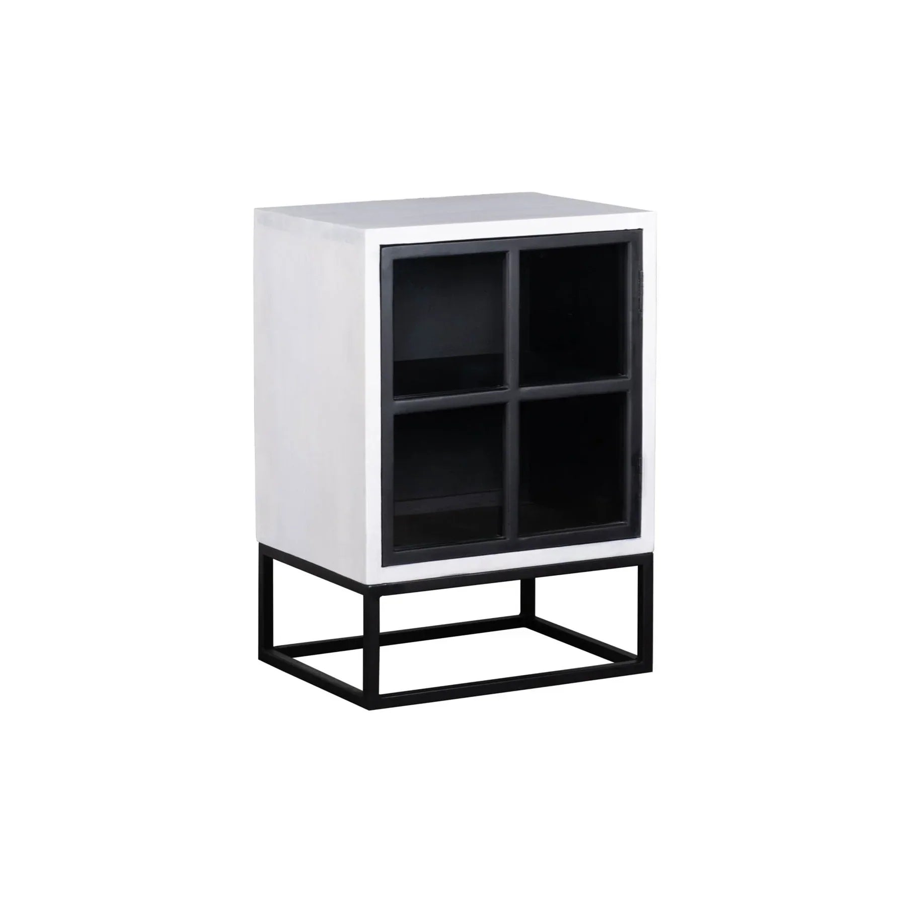 Three-quarter view of the Caged side table featuring a white-finished wooden body with a black-framed glass door and a minimalist metal box base
