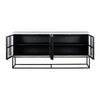 Front view with cabinet doors open to reveal a spacious black interior with a full-length storage shelf