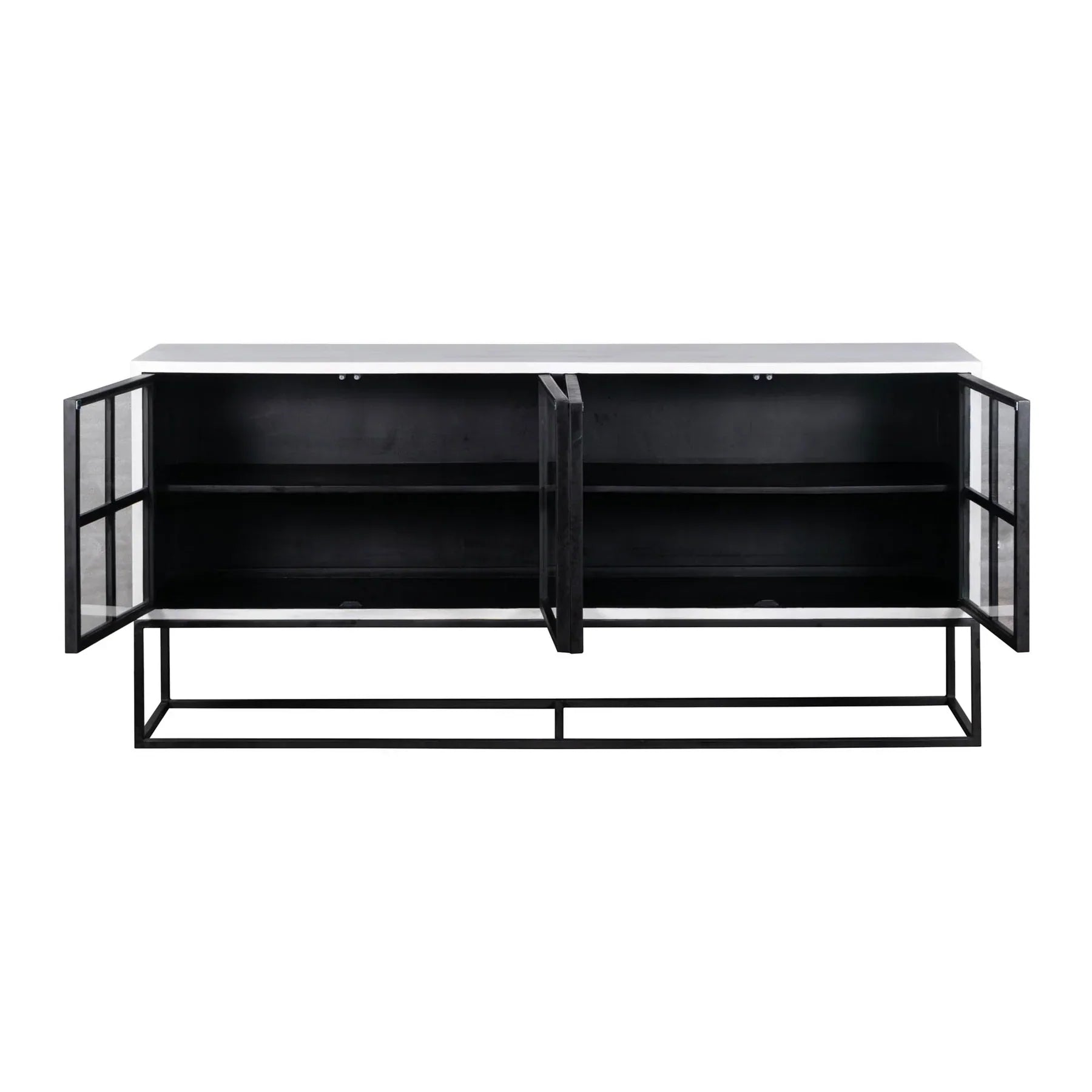 Three-quarter perspective view of the Caged sideboard featuring a sleek white frame, black metal-framed glass doors, and a minimalist black metal base