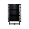 Front view with cabinet doors open to reveal a spacious black interior with three large storage compartments