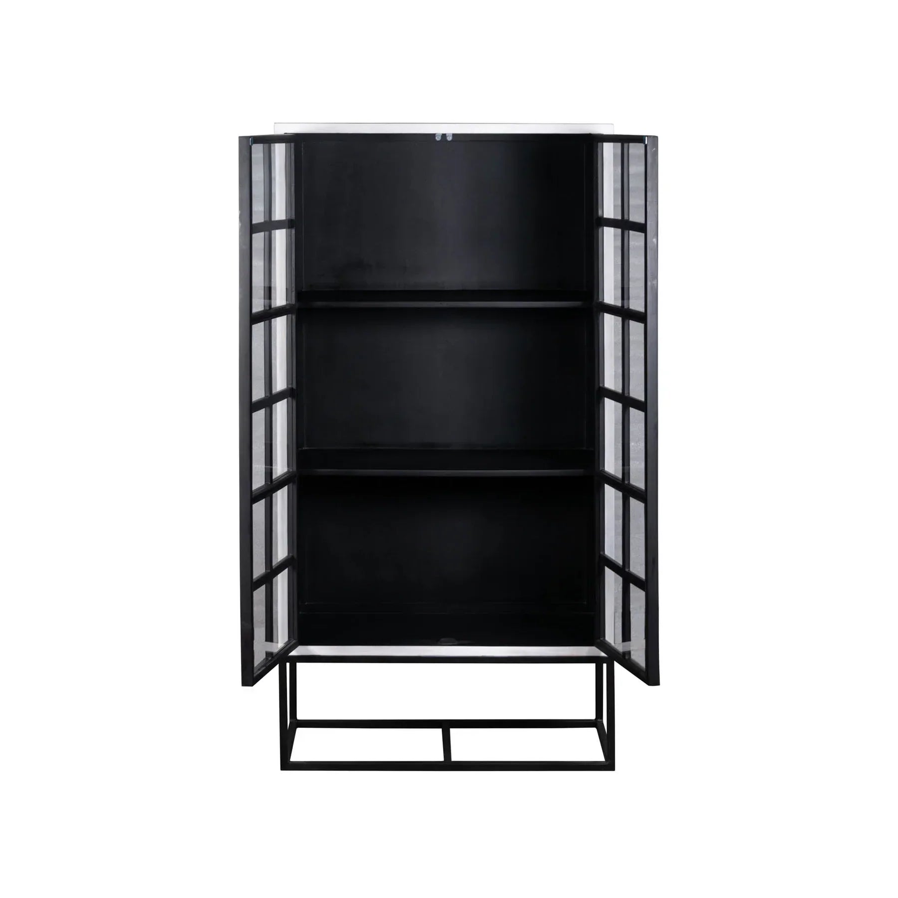 Three-quarter perspective view of the Caged tall cabinet featuring a sleek white exterior black metal-framed glass doors and a minimalist black metal base