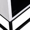 Close-up corner shot focusing on the crisp white wood finish and the sturdy black metal frame base joinery
