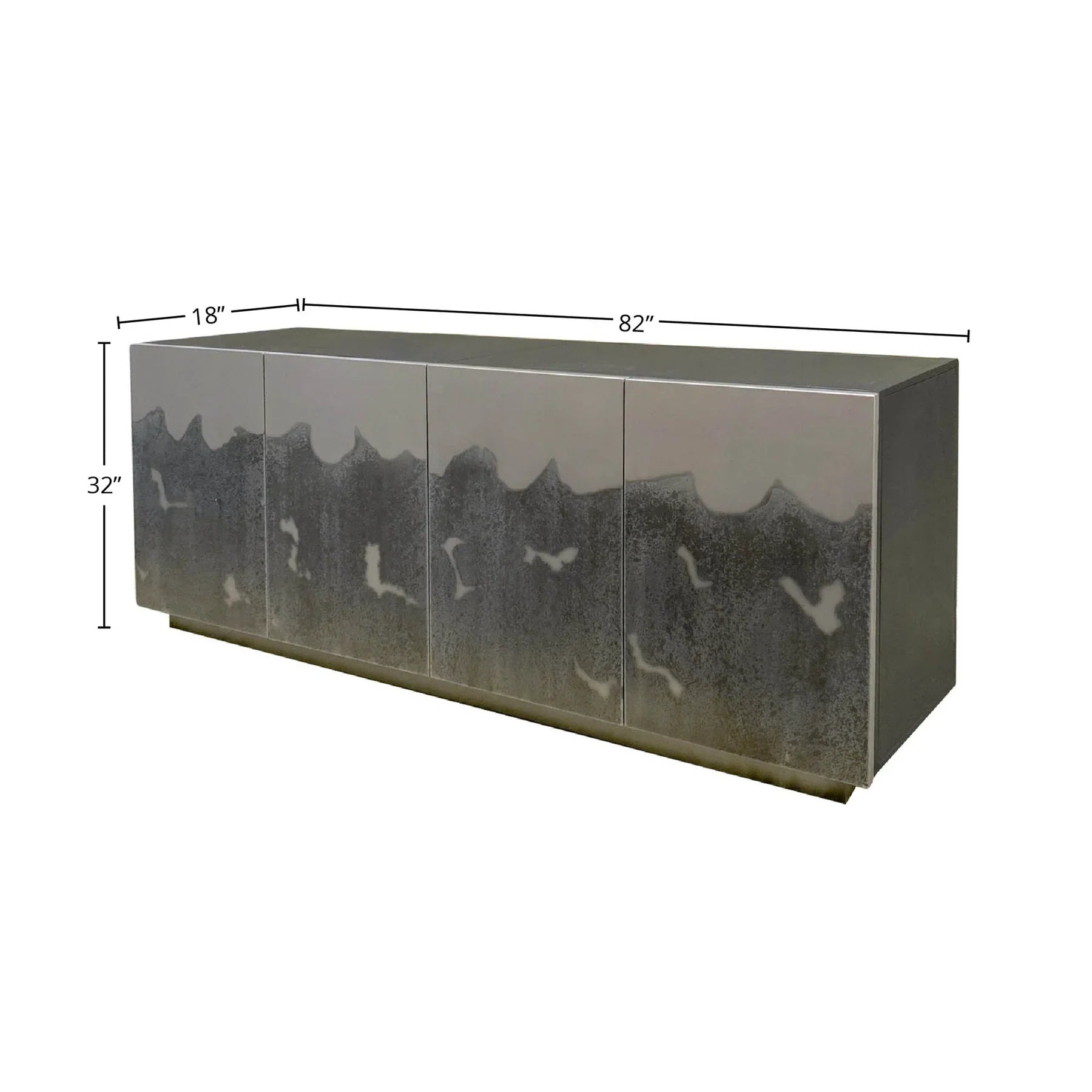 Front view of the Callisto 4-door sideboard featuring a unique abstract grey and silver metallic finish with a low-profile plinth base