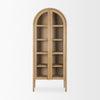 Front view of the Callum arched cabinet featuring light brown elm wood construction and tall glass double doors