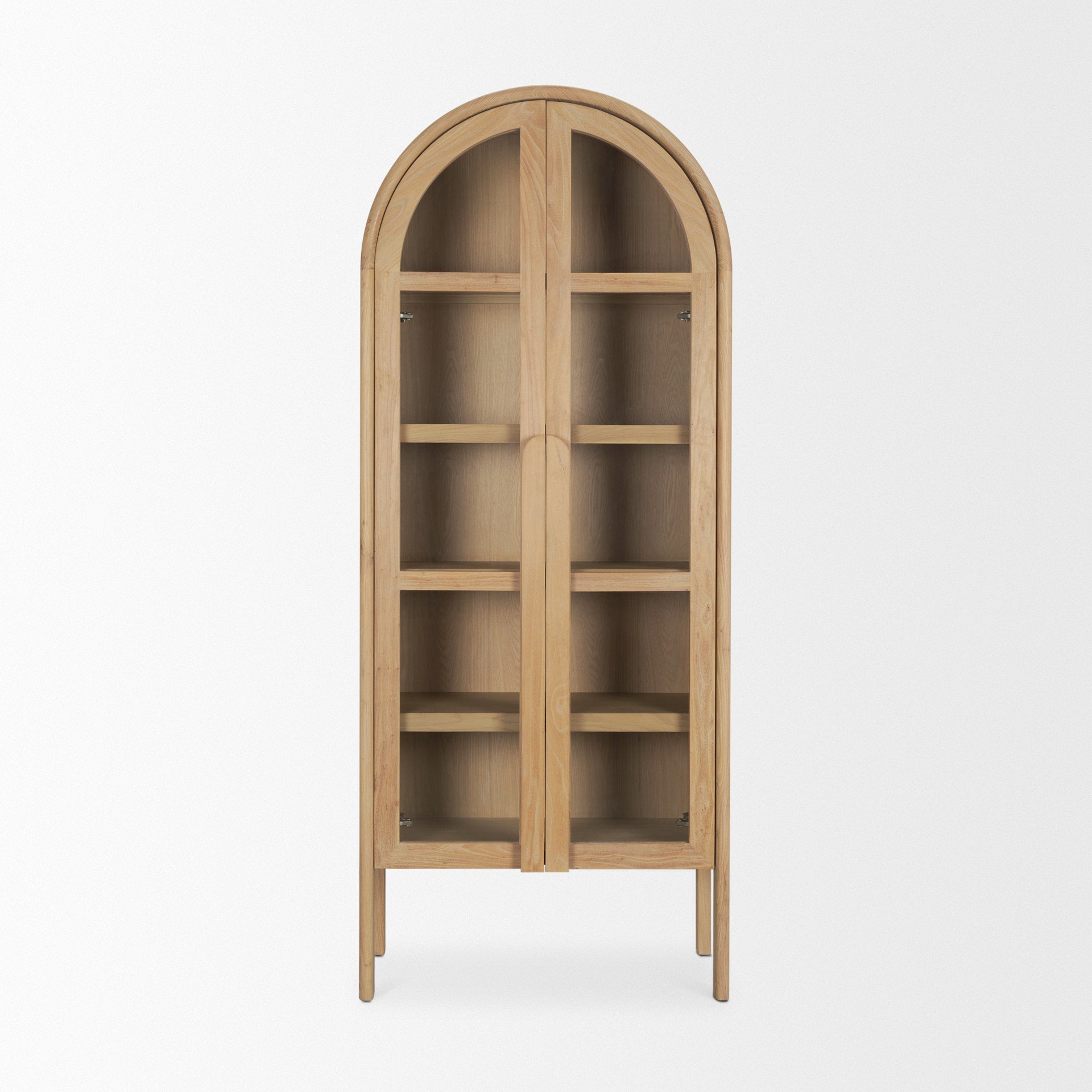 Front view of the Callum arched cabinet featuring light brown elm wood construction and tall glass double doors