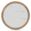 Top-down view showcasing the elegant grey veining of the circular white faux marble tabletop
