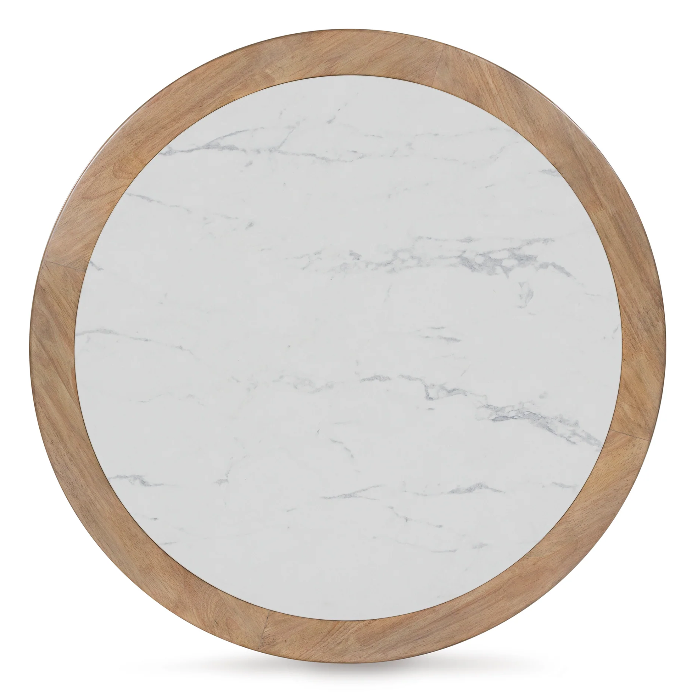 Top-down view showcasing the elegant grey veining of the circular white faux marble tabletop