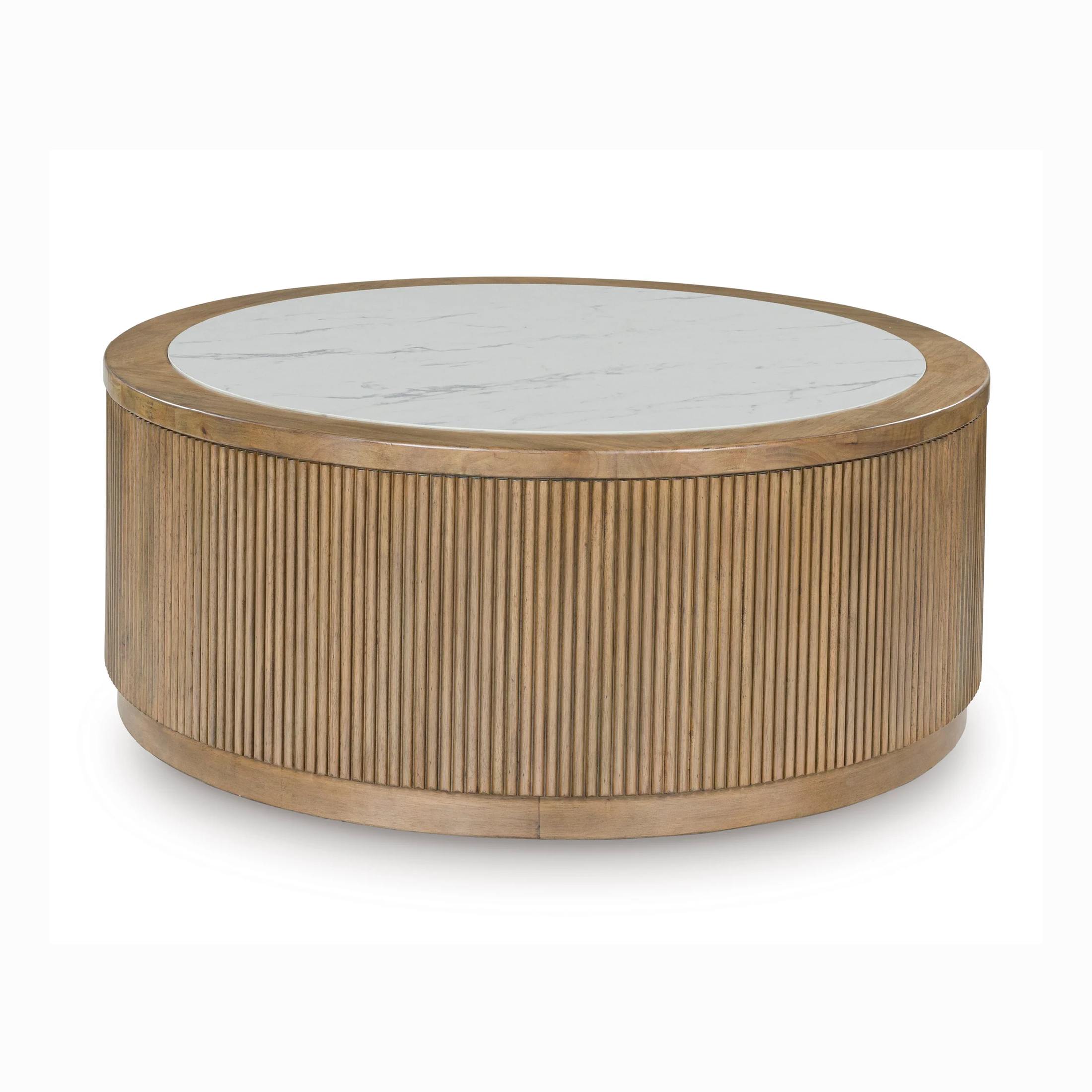 Front view of the Camdill round cocktail table featuring a white faux marble top and a natural fluted tambour wood base