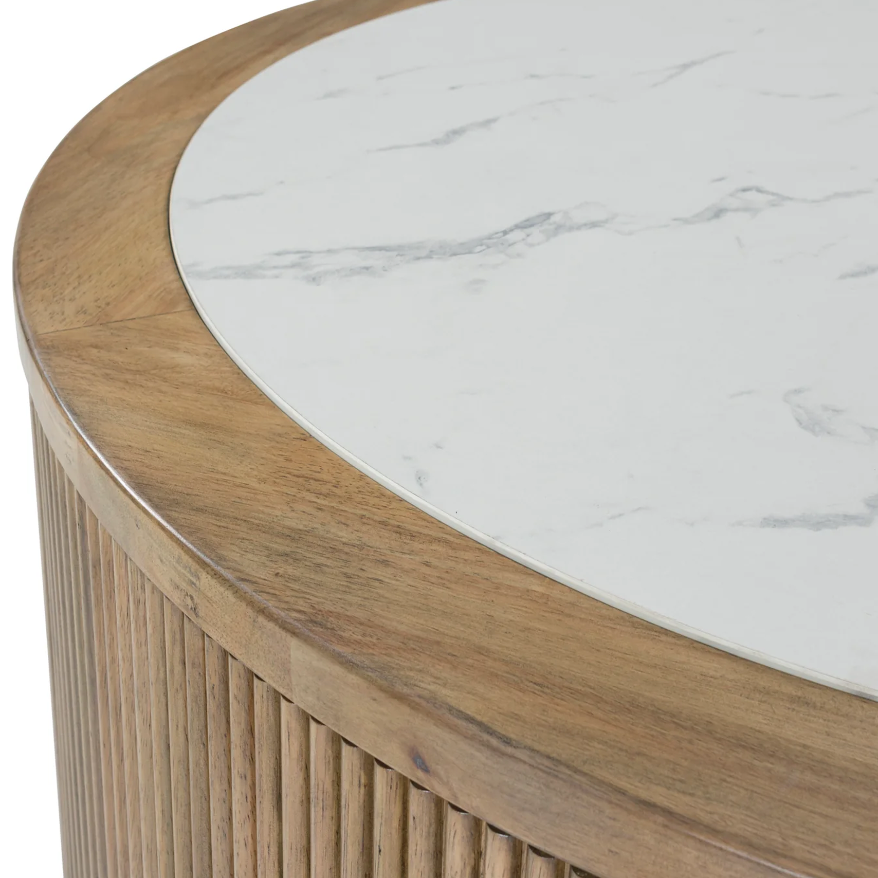 Front view of the Camdill round cocktail table featuring a white faux marble top and a natural fluted tambour wood base