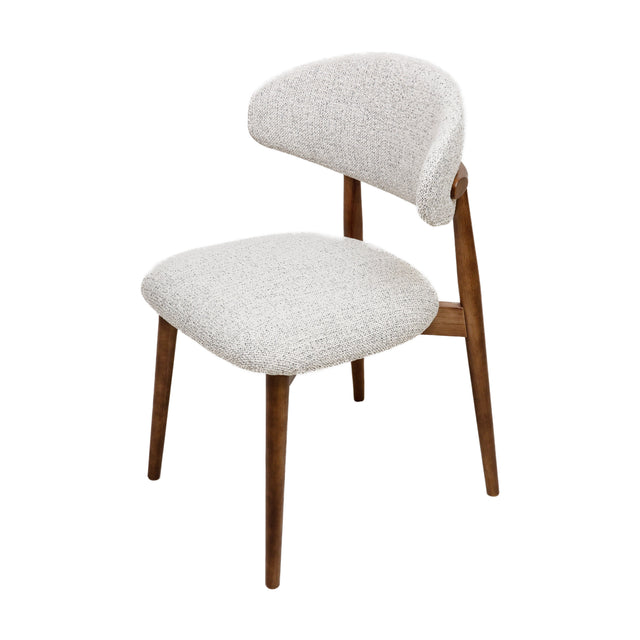 Cammy dining chair with beige textured fabric upholstery and walnut wood legs, front view on white background