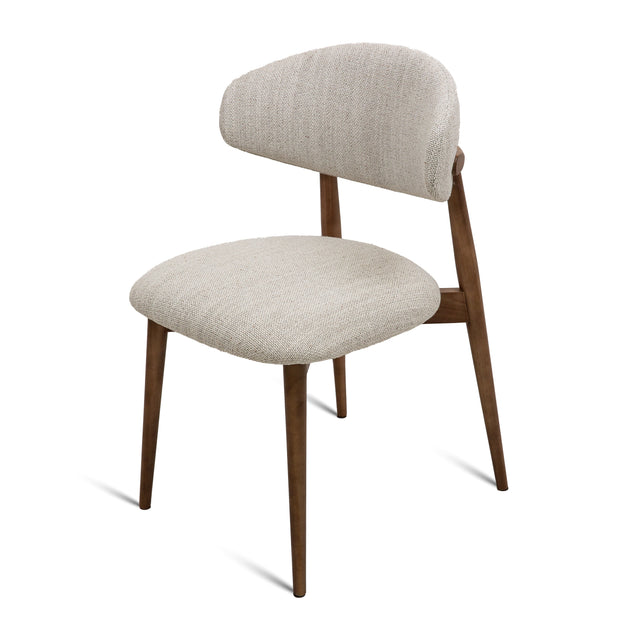 Cammy dining chair with beige textured fabric upholstery and walnut wood legs, front view on white background