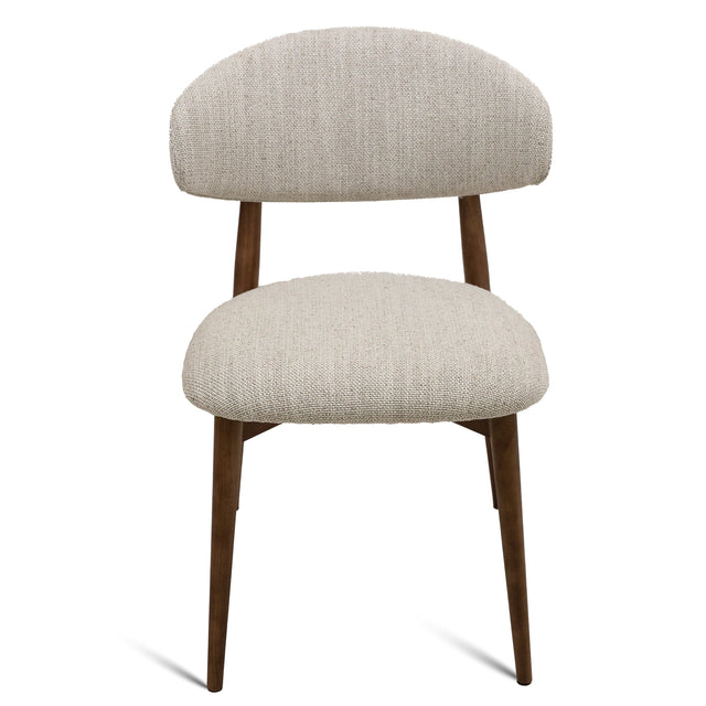 Cammy dining chair with beige textured fabric upholstery and walnut wood legs, front view on white background