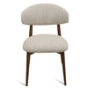 Cammy dining chair with beige textured fabric upholstery and walnut wood legs, front view on white background