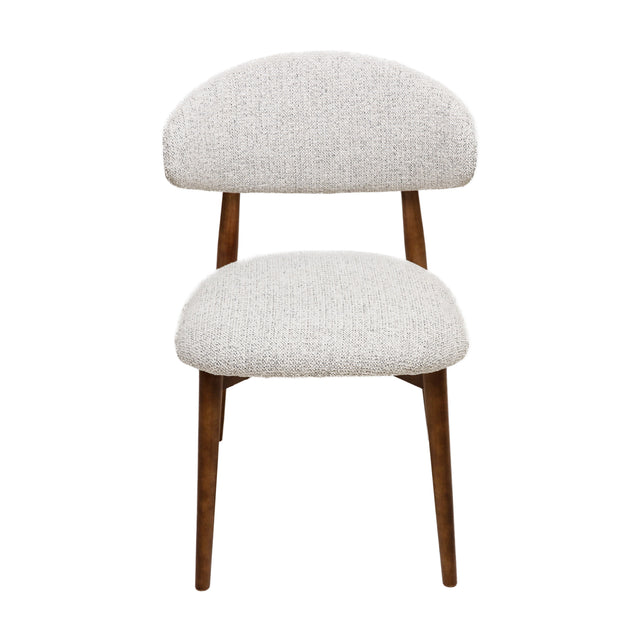 Cammy dining chair with beige textured fabric upholstery and walnut wood legs, front view on white background