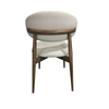 Rear view of Cammy dining chair with rounded beige fabric backrest and walnut wood support bar and legs