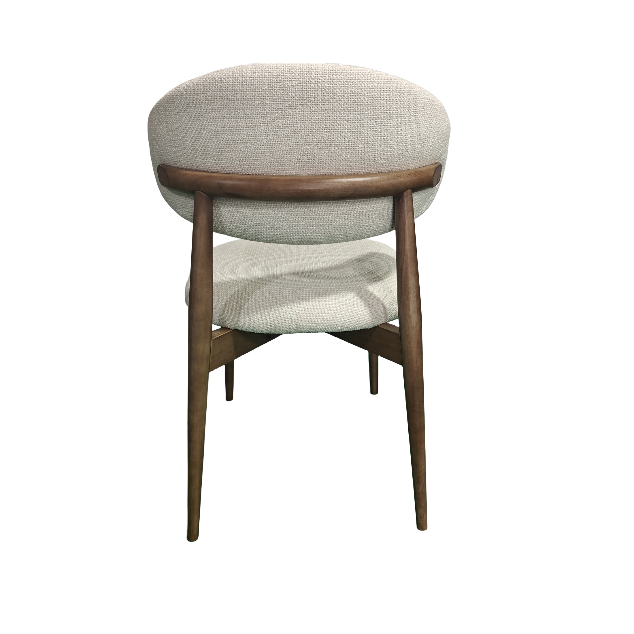 Cammy dining chair with beige textured fabric upholstery and walnut wood legs, front view on white background