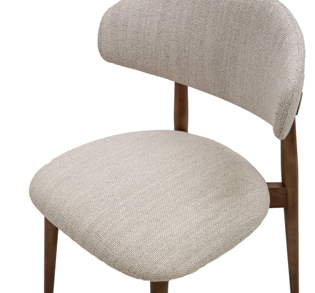 Cammy dining chair with beige textured fabric upholstery and walnut wood legs, front view on white background