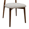 Close-up of Cammy dining chair seat with beige textured fabric upholstery and tapered walnut wood legs
