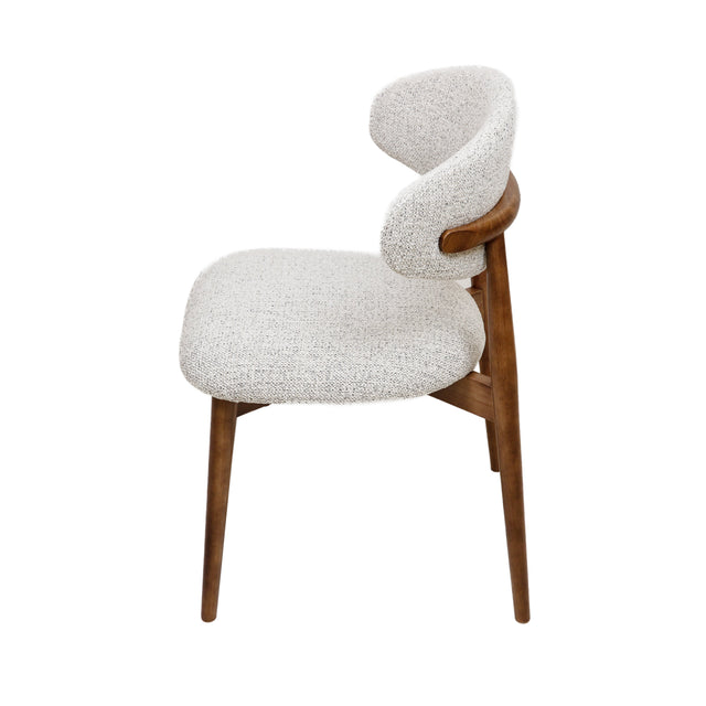 Cammy dining chair with beige textured fabric upholstery and walnut wood legs, front view on white background