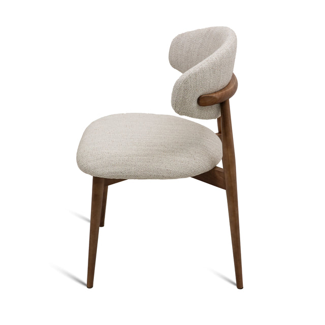 Cammy dining chair with beige textured fabric upholstery and walnut wood legs, front view on white background