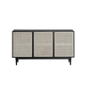 Straight-on front view of the Cane sideboard featuring a matte black wood frame and three natural woven rattan door panels