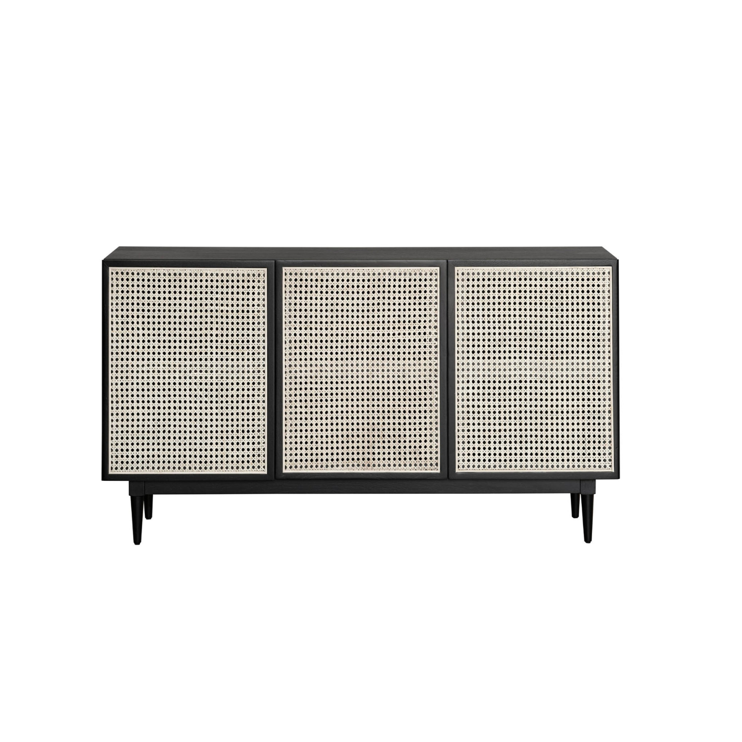 Straight-on front view of the Cane sideboard featuring a matte black wood frame and three natural woven rattan door panels