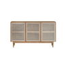 Straight-on front view of the Cane sideboard featuring a light natural oak frame and three woven rattan door panels
