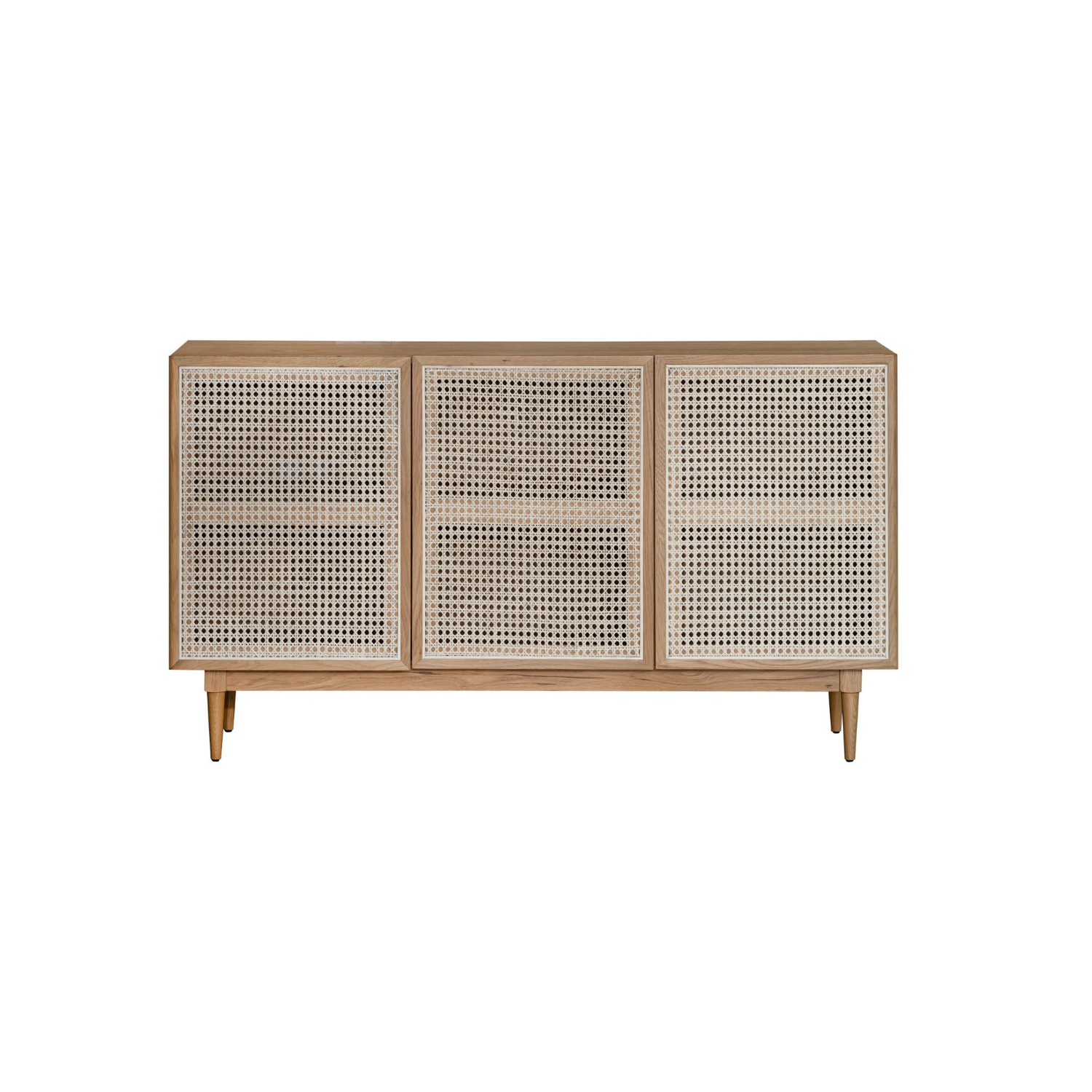Straight-on front view of the Cane sideboard featuring a light natural oak frame and three woven rattan door panels