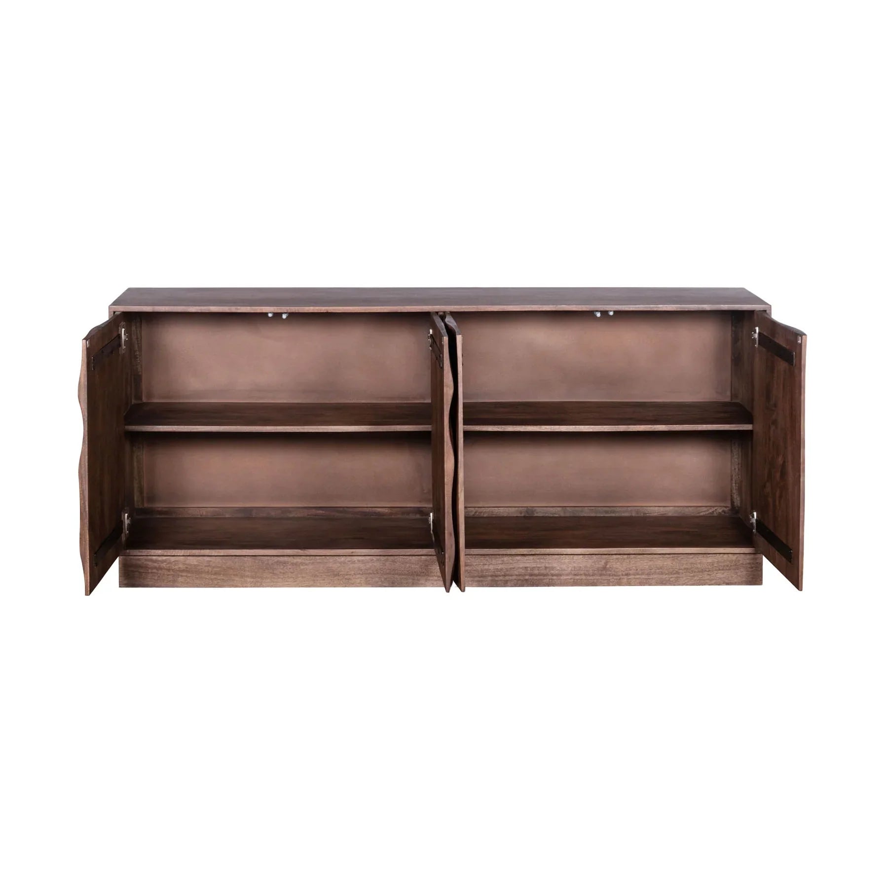 Three-quarter perspective view of the Caracol sideboard featuring a rich natural mango wood finish and a large hand-carved concentric circle design across four doors