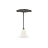 Perspective view of the Caramont drink table featuring a circular black marble top and a slim brass-finished pedestal neck with a conical white marble base