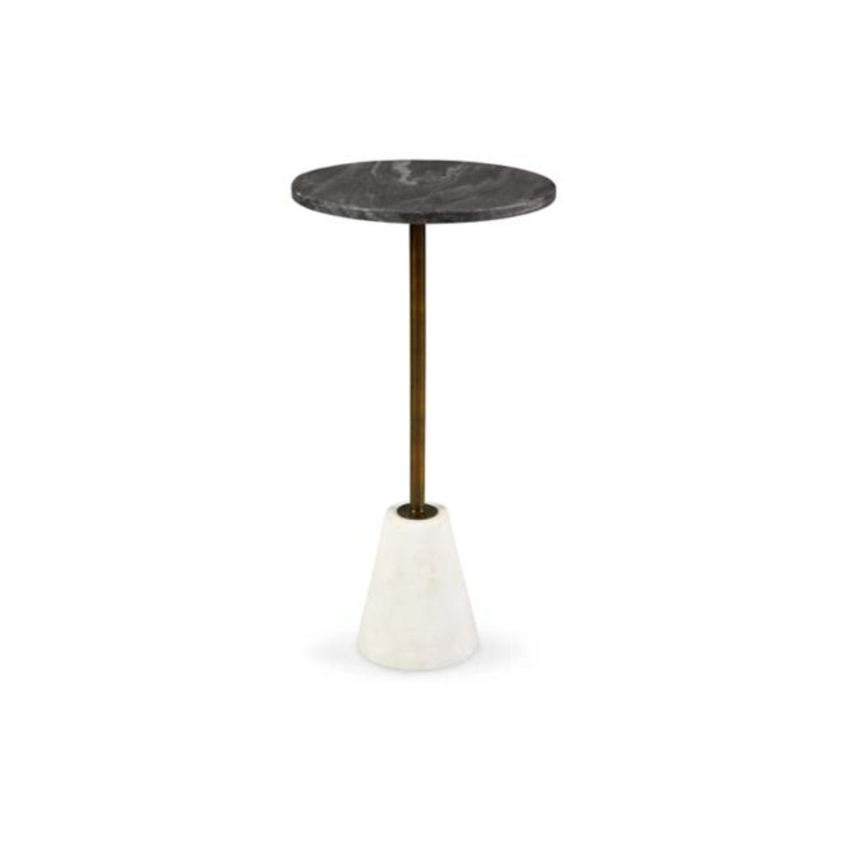 Perspective view of the Caramont drink table featuring a circular black marble top and a slim brass-finished pedestal neck with a conical white marble base