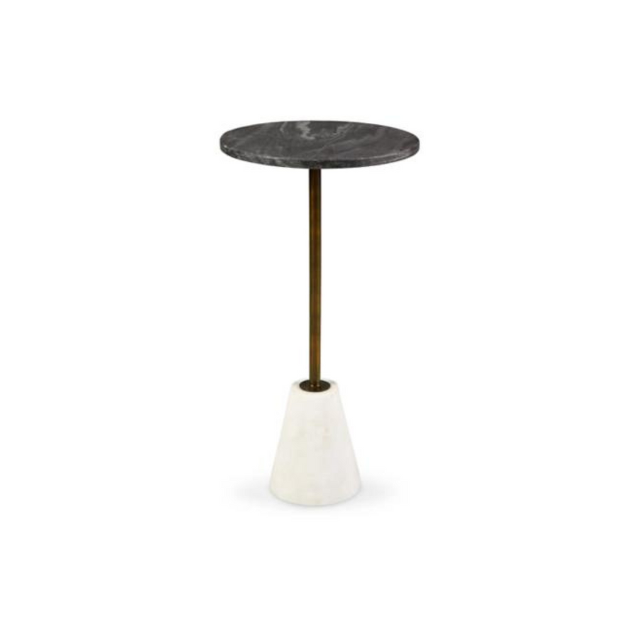 Perspective view of the Caramont drink table featuring a circular black marble top and a slim brass-finished pedestal neck with a conical white marble base