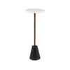 Straight-on front view of the white marble top version featuring a slim brass neck and a contrasting black conical stone base