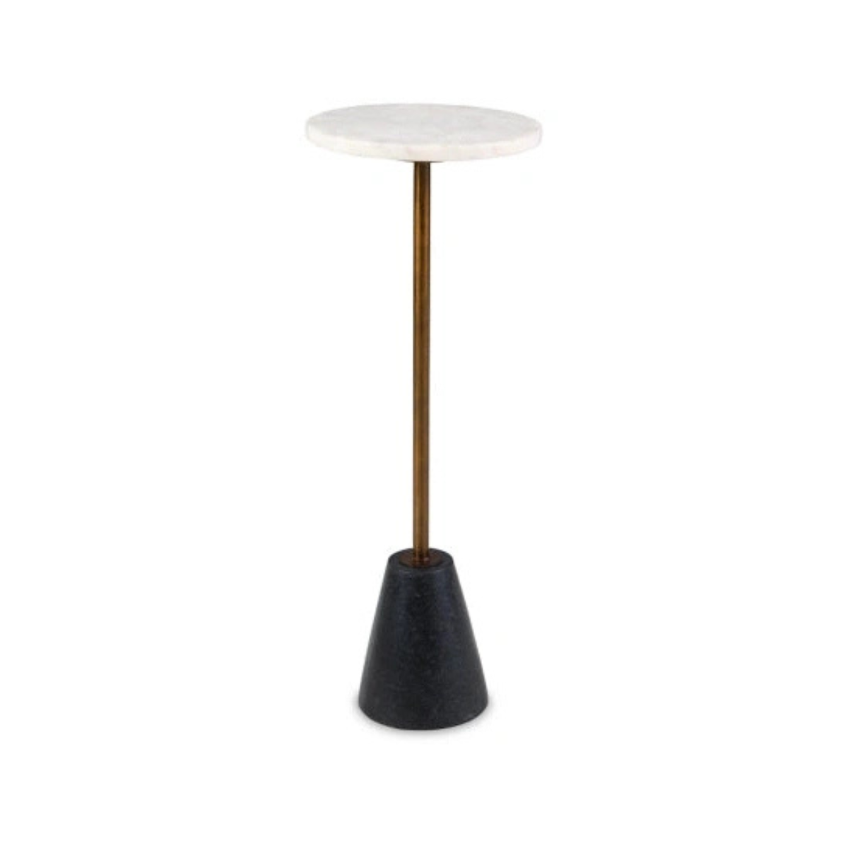 Perspective view of the Caramont drink table featuring a circular black marble top and a slim brass-finished pedestal neck with a conical white marble base