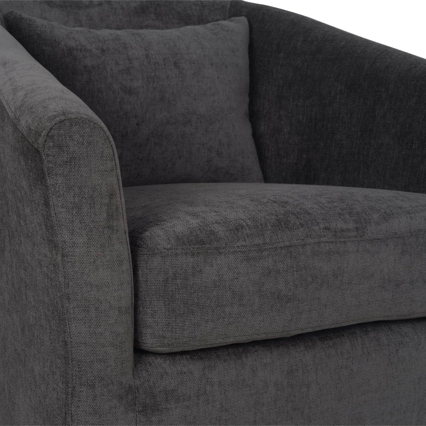 Close-up of the smooth curved armrest and high-quality textured fabric stitching