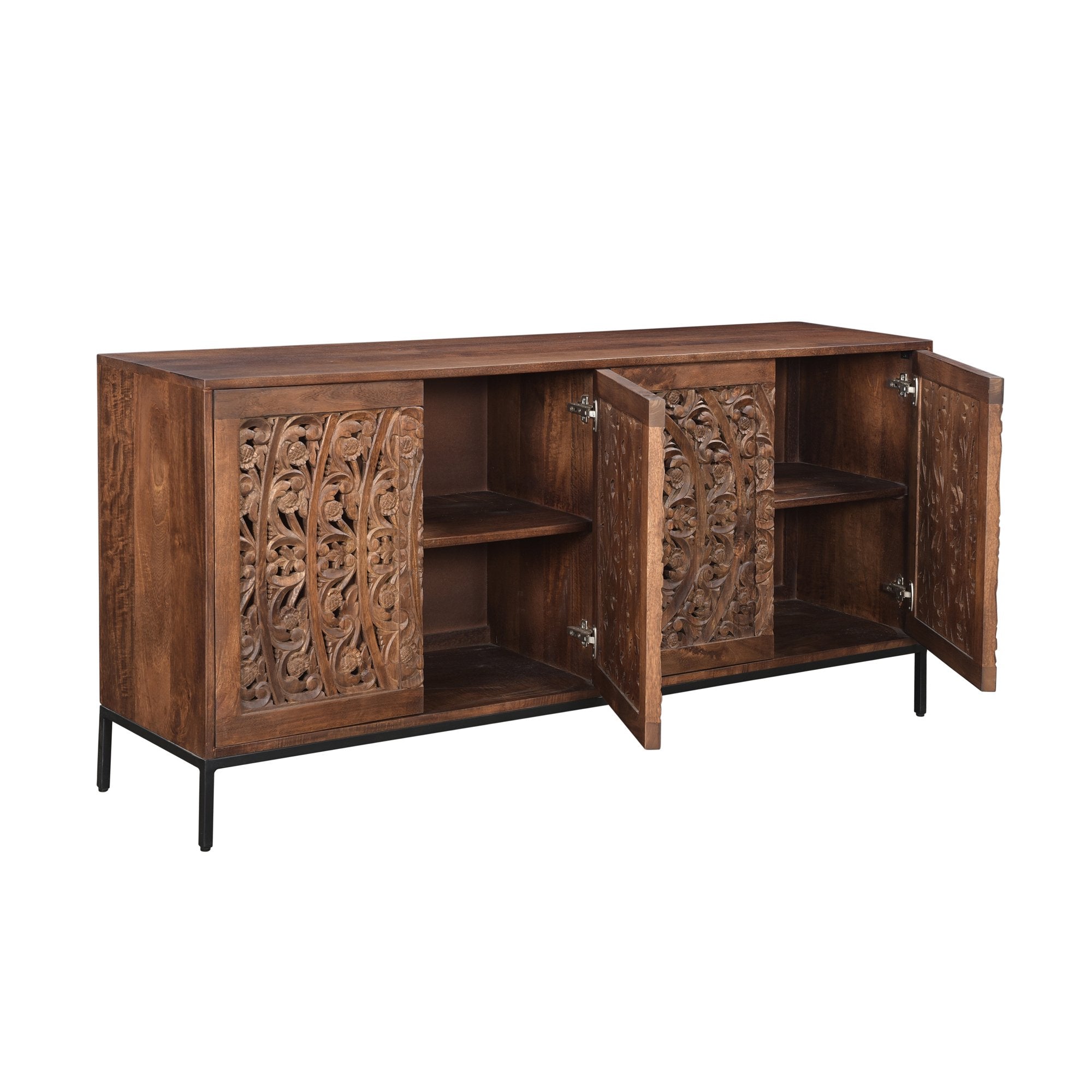 Straight-on front view of the Carved sideboard featuring a rich natural wood finish and intricate floral mandala carvings across four doors