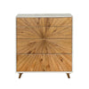 Front view of the Casablanca 5-drawer high-chest featuring a striking sunburst wood inlay design on natural oak drawer fronts with a clean white frame