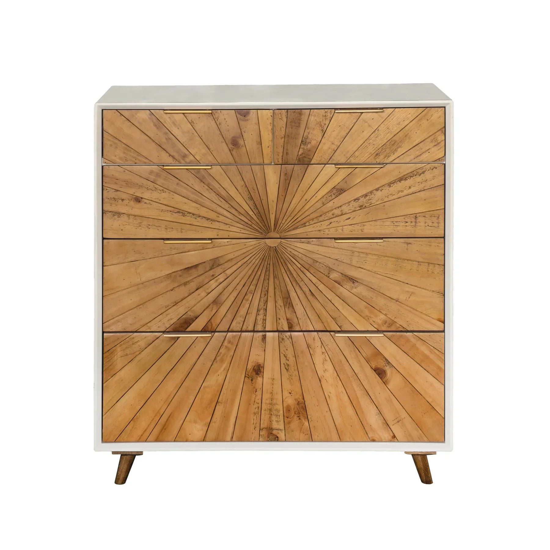 Front view of the Casablanca 5-drawer high-chest featuring a striking sunburst wood inlay design on natural oak drawer fronts with a clean white frame