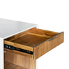 Close-up view with the top drawer open showcasing smooth black metal ball-bearing glides and a minimalist brass-toned handle
