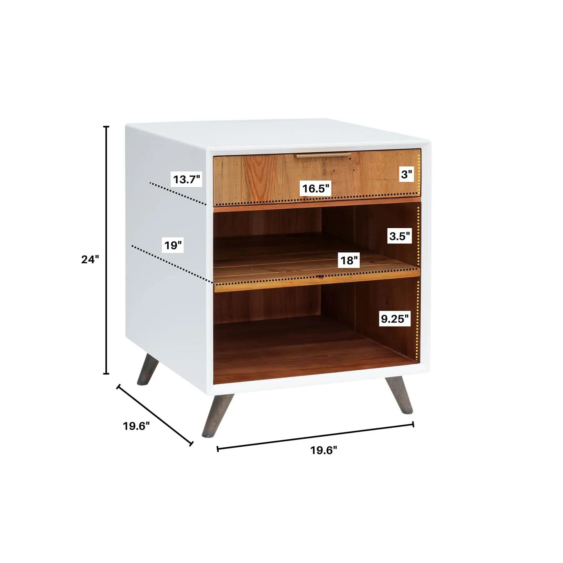 Front view of the Casablanca nightstand featuring a sleek white frame paired with a natural acacia wood drawer and dual open shelves
