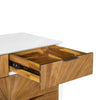 High-angle perspective view with the top drawer open showcasing the smooth metal side glides and internal storage space