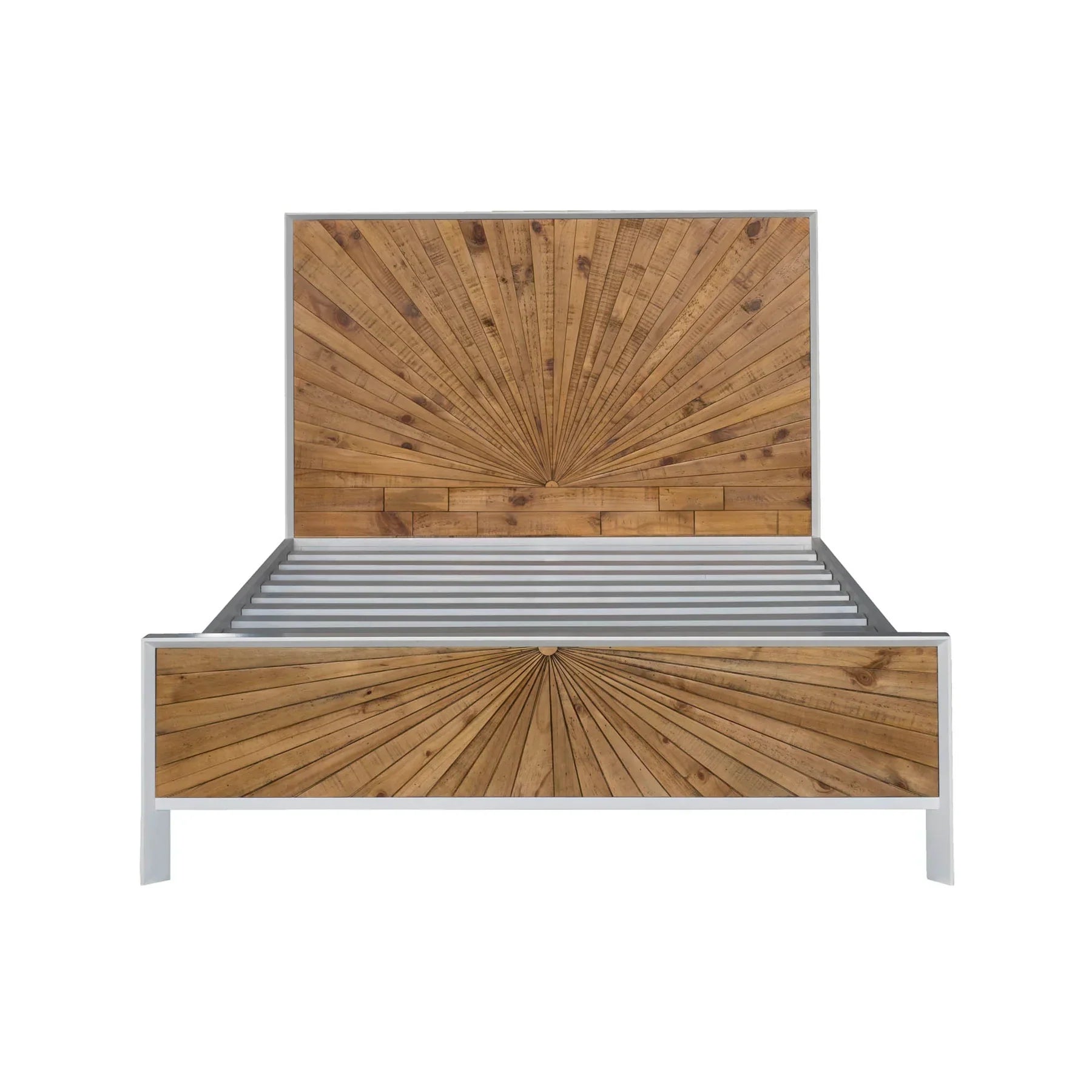 Front view of the Casablanca platform bed featuring a striking natural wood sunburst inlay on the headboard and footboard