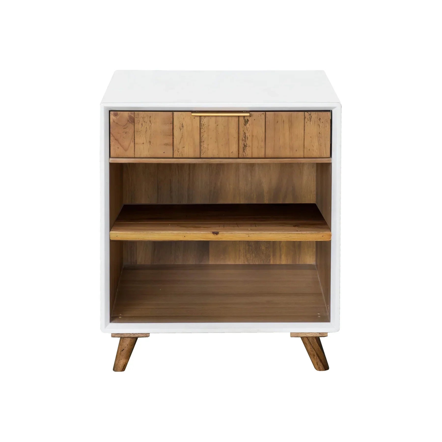 Front view of the Casablanca nightstand featuring a sleek white frame paired with a natural acacia wood drawer and dual open shelves
