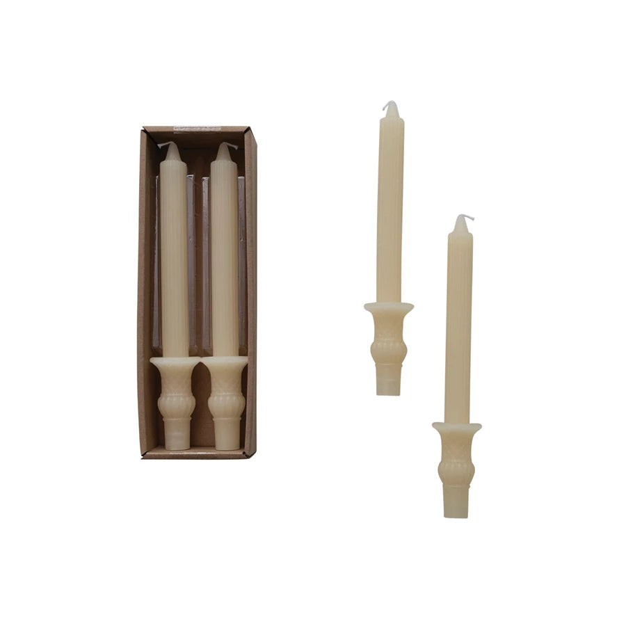 Unscented Pleated Taper Candles w/ Urn Base, Ivory Color, Set of 2