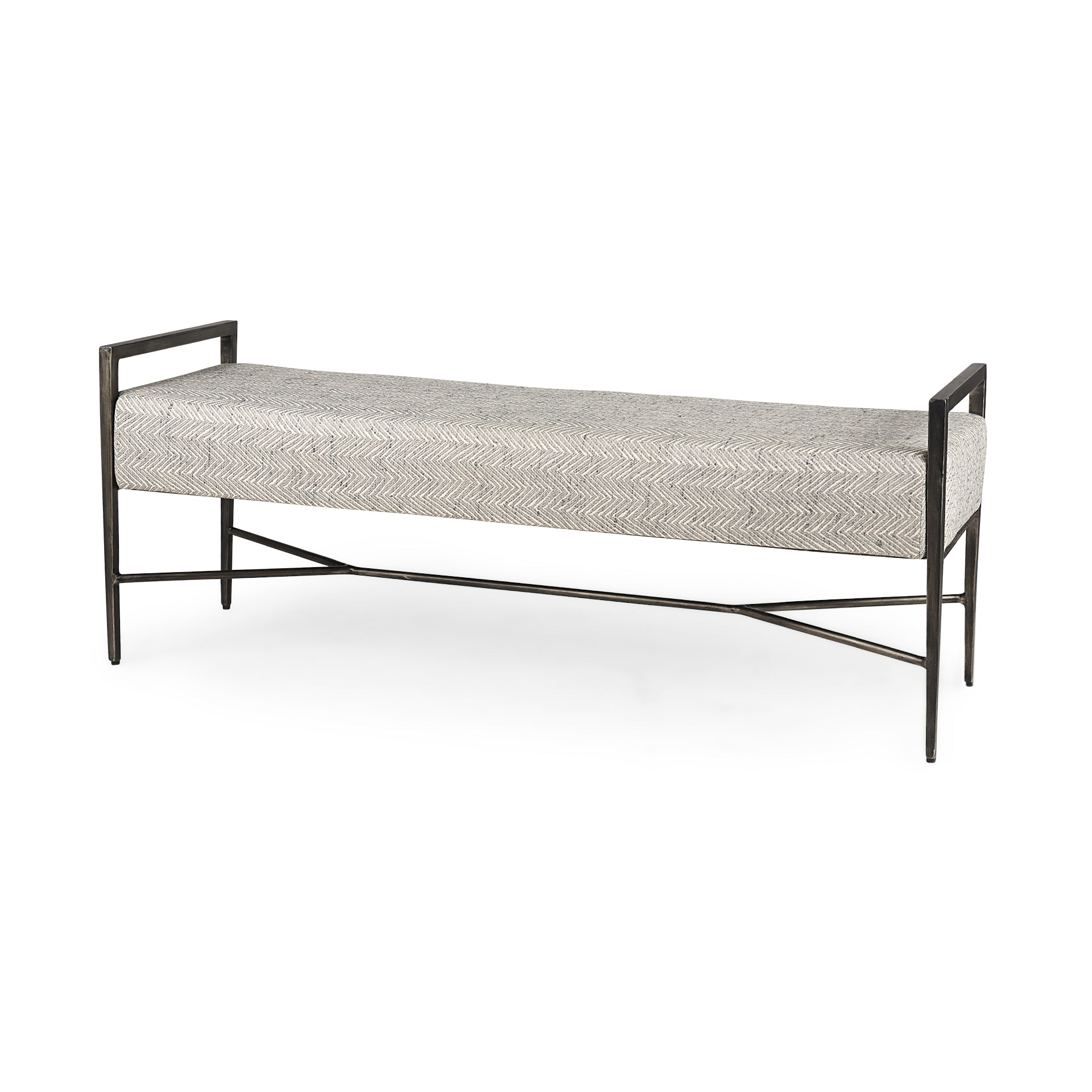 Front view of the Charlotte bench featuring light gray chevron-patterned upholstery and a minimalist black metal frame