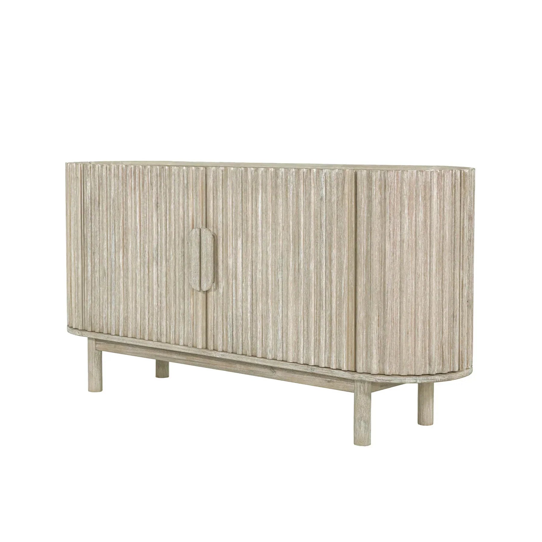 Front perspective view of the Oasis 4-door sideboard featuring a light oak finish, rounded corners, and vertical matte black metal handles
